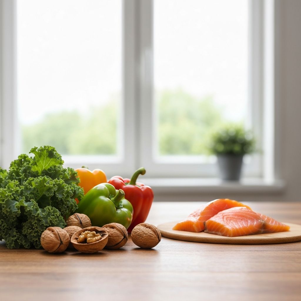 Fresh vegetables, nuts, fish and herbs on wooden table