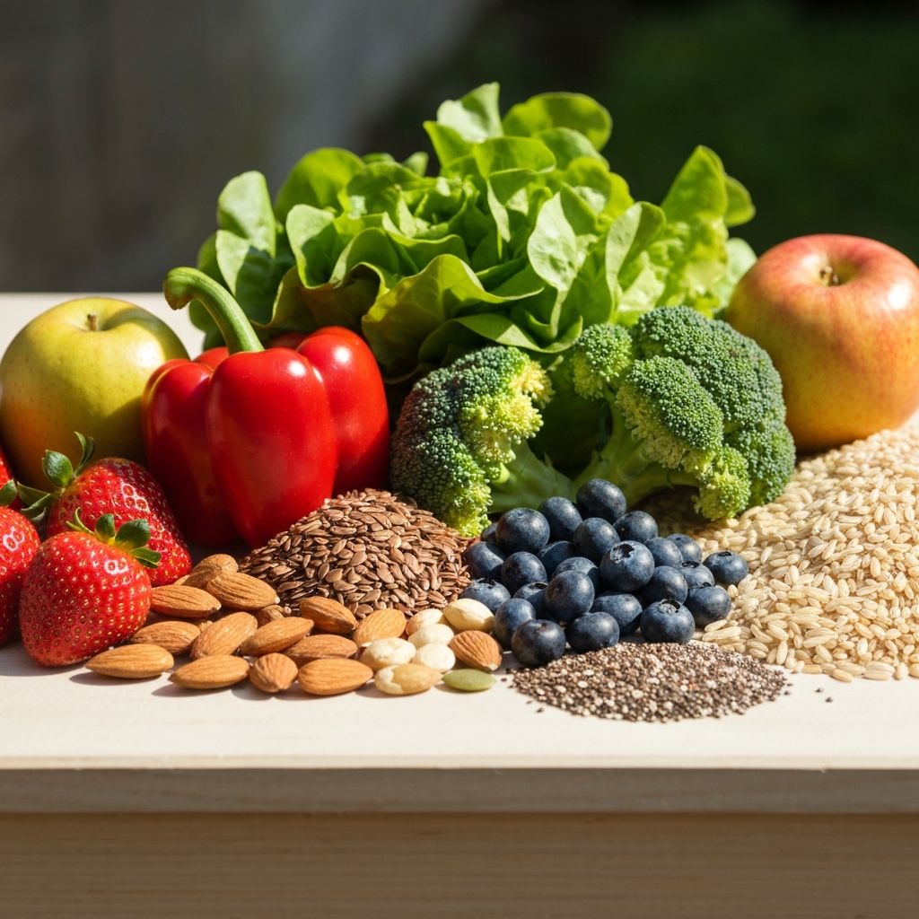 Variety of nutrient-rich foods including vegetables, fruits, and nuts